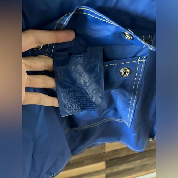 Vintage Weather-Rite Blue Yellow Reversible Raincoat with Stripes & Hood - Picture 4 of 10